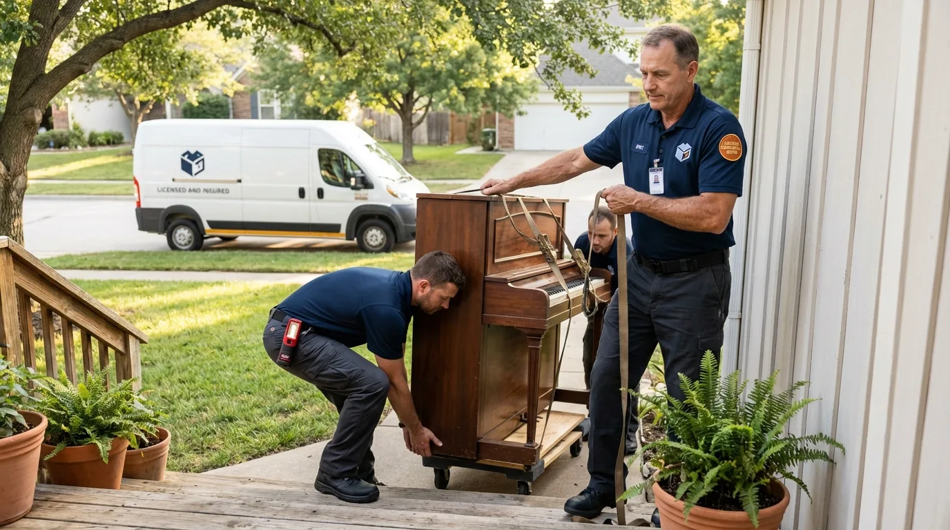 Licensed piano movers securing grand piano in Palmdale, CA