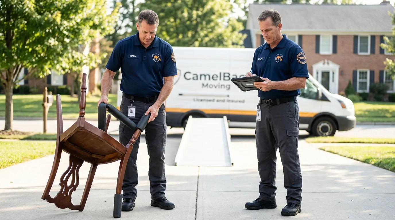 Movers inspecting furniture for damage prevention before loading in Palmdale, CA