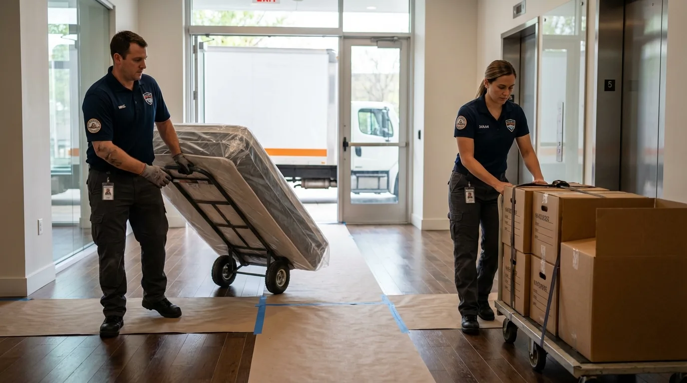 Professional apartment movers loading elevator in Palmdale, CA